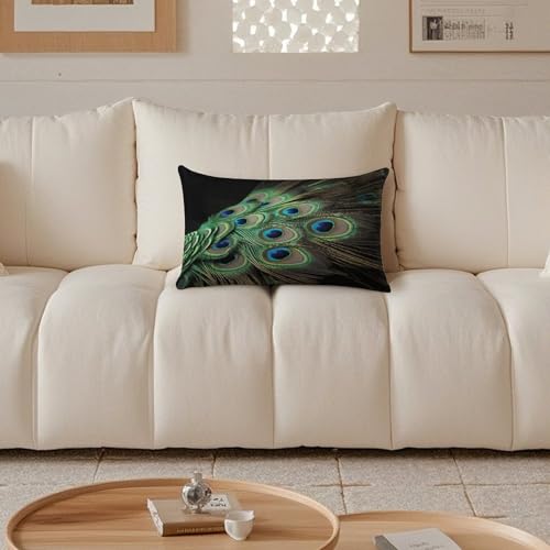 Funda de almohada de felpa de lujo rectangular con diseño de plumas de pavo real verde 5