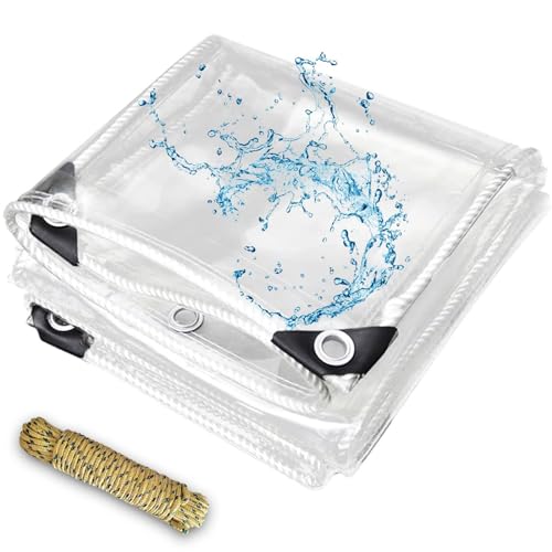 LCYFBE 8' x 8' Tarps Grommets Heavy Duty Waterproof PVC Transparent - Tarpaulin Poly Clear Vinyl Lona Cover - 14 Mil Clear Awning Canopy Patio Tent Enclosure - Tarp to Cover The Sun and Rain