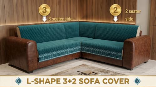 Image of KINGLY L-Shape Sofa Cover 5 Seater 3+2 Velvet Full Cover - Teal Blue | Fully covered quilted velvet slipcover, washable anti-slip furniture protector, L-type corner sofa cover for living room