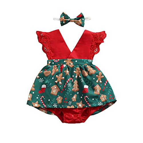Image of Newborn Baby Girl Christmas Romper Dress Lace Sleeveless Tutu Bodysuit Xmas Outfit + Headband My First Christmas Clothes
