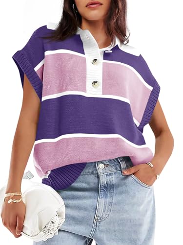 Image of Saodimallsu Women's V Neck Button Down Striped Short Sleeve Knit Sweater
