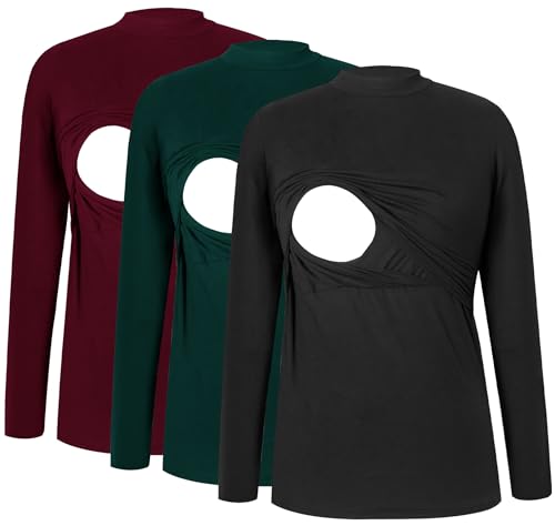 Image of Smallshow Women's Nursing Tops Crew Neck Long Sleeve Breastfeeding Shirt 3 Packs