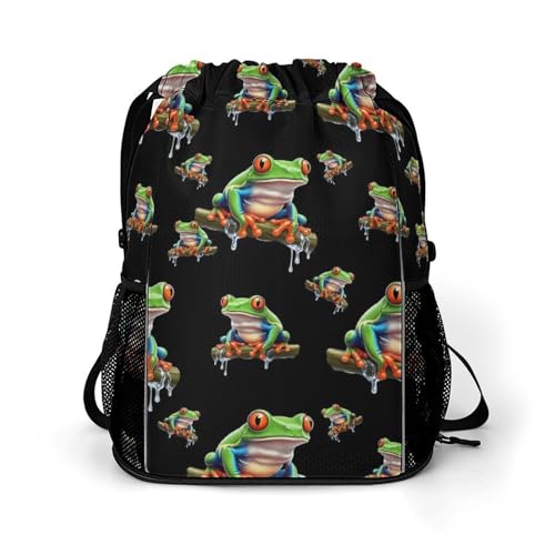 CFZZNYESQF Fashion Waterproof Cute Funny Frog Drawstring Bag, Backpack Easy to Storage, Pull String Bags for Travel Sports Gym Beach Outdoor