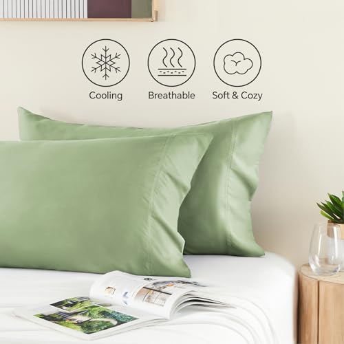 Image of BEDELITE Pillow Cases Standard Size 2Pcs, Rayon from Bamboo, Sage Green | Cooling and Breathable Pillow Cover for Hot Sleepers & Night Sweats, Silky Soft Cozy, Envelope Closure, 20 inchx26 inch