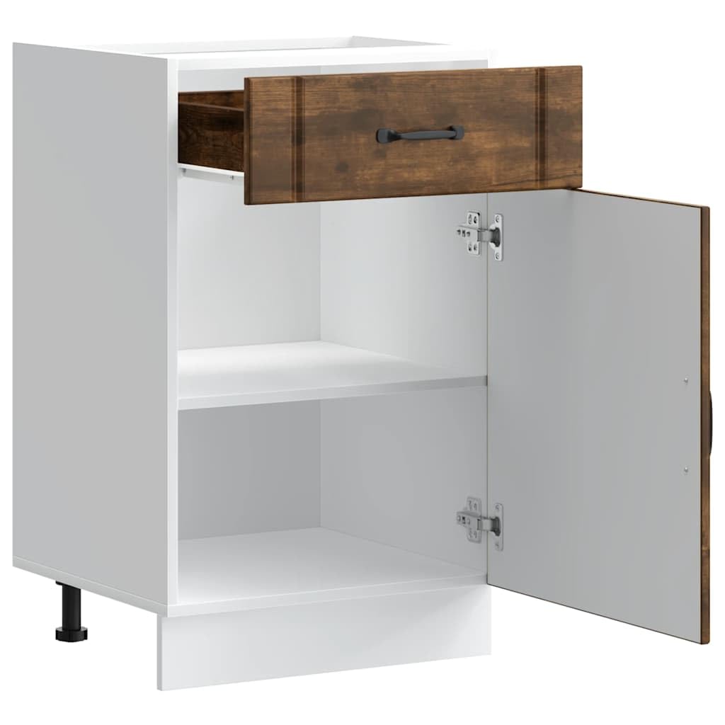 Lucca - Mobiletto da cucina in legno di rovere affumicato, con cassetto e porta, 50 x 46 x 81,5 cm, autoportante, con vano portaoggetti, piedini regolabili per cucina, armadietto multiuso