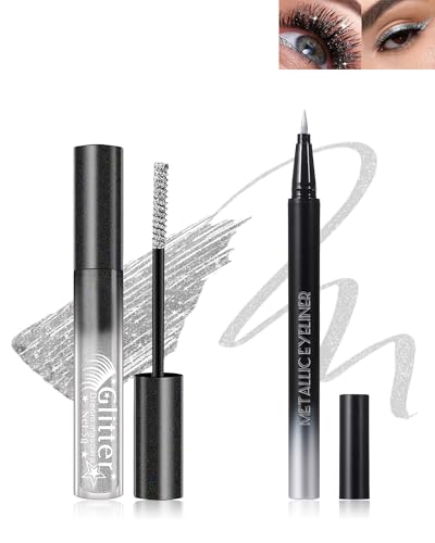 Silber Glitzer Mascara & Eyeliner Set, Diamond Shimmer Wimperntusche Länge and Volume, Liquid Ultrafeiner Metallic Glitter Eyeliner, Wasserfest Langlebig, High Pigment Augen-Makeup für Cosplay Party