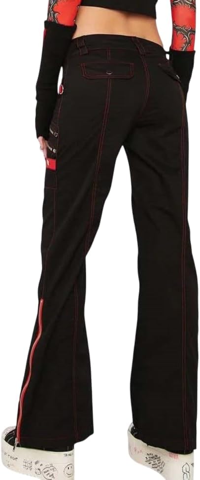 Women Black Pant Gothic Steampunk Punk Morte Buckle Chain Trousers Pant Night Pant Pink Red Stitch