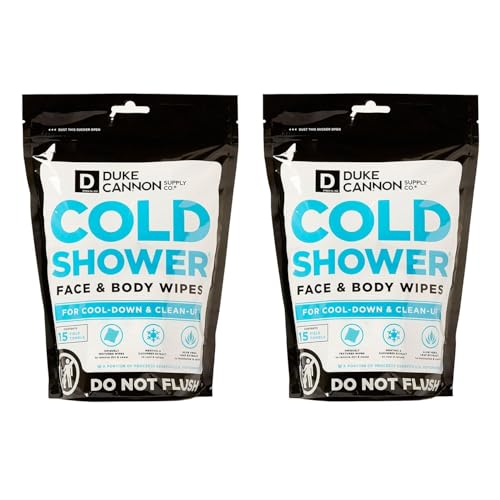 Duke Cannon Cold Shower Cooling Field Towels Menthol Body Wipes for Men No Rinse Face & Body Cleansing Wipes 15 Individually Wrapped Towels (2 Pack)