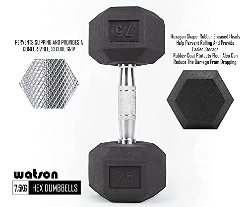 Image of Watson Solid Steel Rubber Coated Hex Dumbbell Set, 7.5 Kg Single Piece Home Gym Dumbbell Weight Set For Men & Women, Home Gym Equipment (Single Piece)