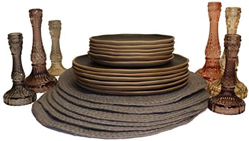 Christina Home Designs Dinner Plate Set of 6 Dinner Plates, Appetizer Plates, 6 Round Gray Jute Placemats and Candlesticks, Set of 6 Candle Sticks, MultiColored