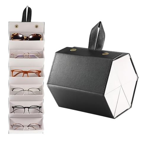 Estojo Porta Óculos Dobrável 5 Divisórias Couro Sintético com Alça para Viagem e Armário – Organizador Compacto Protege e Armazena Óculos de Sol e Grau com Estilo e Segurança (Preto)