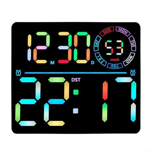 Tidevib Reloj digital LED RGB de pared y mesa con pantalla grande, temporizador de cuenta regresiva, ajuste de brillo de diez niveles, calendario, montaje versátil para sala de estar, dormitorio
