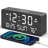DreamSky Wooden Digital Alarm Clocks for Bedrooms - Living Room Desk Clock with Date and Day of Week, Temperature, USB Port, Dimmer Wheel, Adjustable Volume, Auto DST, Wood Decor for Office Table