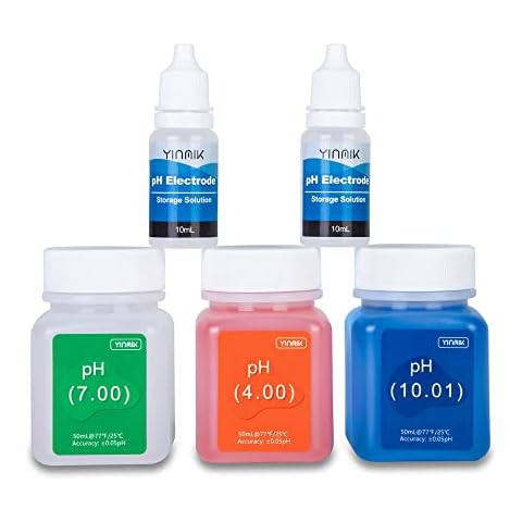 YINMIK pH Meter Calibration Solution Kit(4.00,7.00&10.01) with pH Electrode Storage Solution Kit,3 Bottles pH Calibration Buffer Solution and 2 bottels KCL pH Probe Solution for pH Meters Cover
