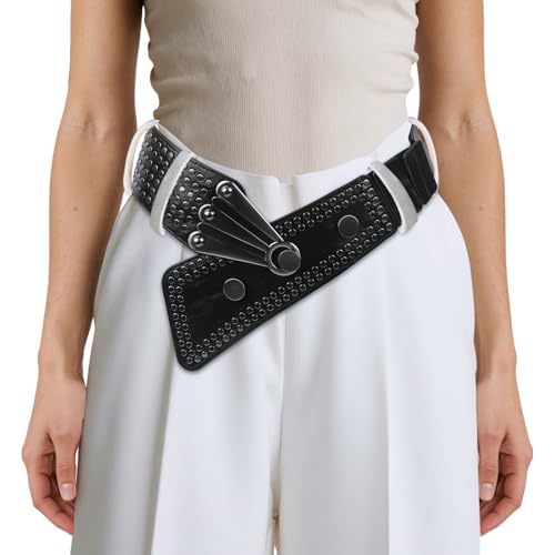 OhMill Punk Waist Belt Elastic Rivet Rock Wide Corset Cinch Retro Black Leather Belt for Women Pants Dress Accessories3