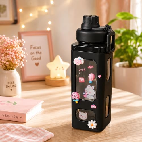 Image of Kawaii Water Bottle with Straw Cute Large Water Bottles with Kawaii Stickers Aesthetic Leakproof Square Drinking Bottle.700ML (BLACK)