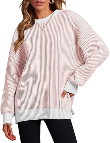 Image of Zeagoo Women 2026 Fall Lightweight Oversized Sweater Crew Neck Long Sleeve Color Block Pullover Rib Knit Blouse Tops XS-2XL