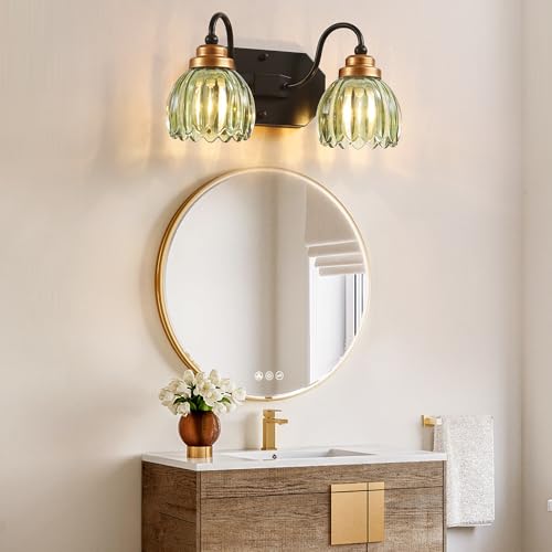 Image of Vintage Gold Bathroom Light Fixtures, 2 Light Green Tulip Crystal | Brushed Gold Vanity Lights, Matte Antique Brass Finish, Mid Century Style, Wall Sconces for Bedroom, Hallway, Easy to Install