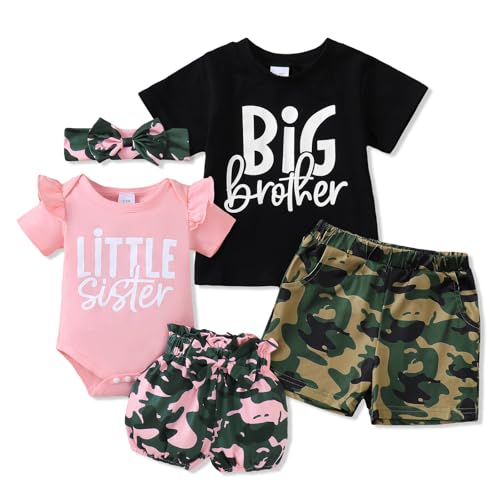 Image of AMAWMW Big Brother Little Sister Matching Outfits Toddler Baby Girl Boy Summer Clothes Short Sleeve Romper 3PC Shorts Set