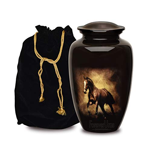 Forever URNS Adult Cremation Funeral Urn with Printed Horse Running in Desert Theme for Human Ashes of Female & Male | 200 cu in | Large | Brown | Completely Handcrafted with Velvet Protection Bag