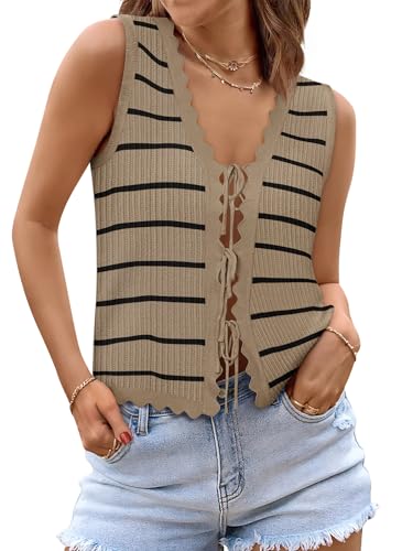 Image of COCCKO Womens Summer Tops Vacation Beach Outfits Cute Tie Front Crochet Vest Knit Sleeveless Sweaters