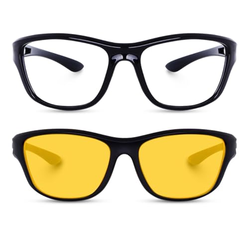Image of Sports Sunglasses COMBO, UV Protected Wraparound Design, 2 Pack with Night Driving Yellow Lens and Black Sport Lens