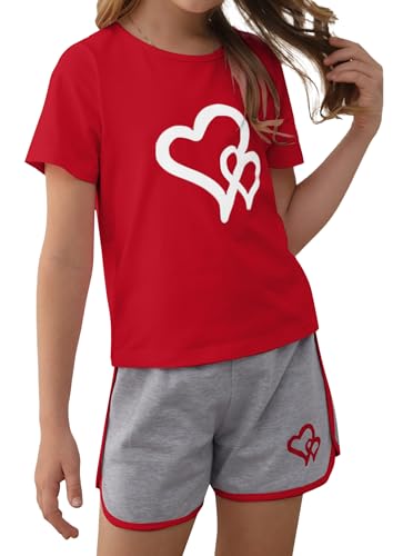 Image of Girl's 2 Piece Outfits Cute Summer T-Shirt and Graphic Shorts Clothing Sets Red Grey 7-8Y
