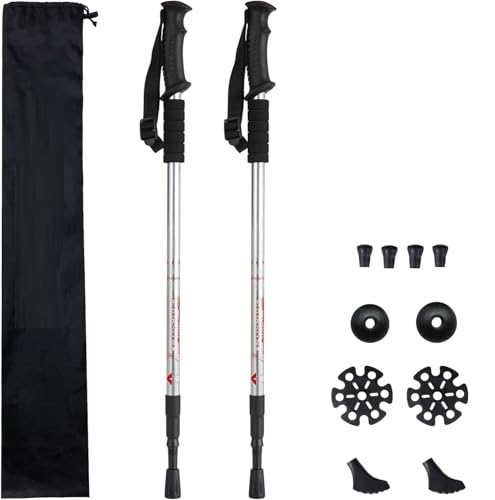 Image of Trekking Poles (2 Pack), Collapsible & Adjustable Hiking Sticks for Men & Women, Lightweight Aluminum Walking Poles with Anti-Shock System & Accessories - for Trekking, Hiking, Walking (Silver)
