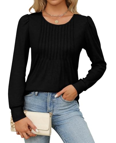 Long Sleeve Shirts for Women Fall Tops Dressy Casual Blouses Pleated Scooped Neck Tunic Tops for Leggings4