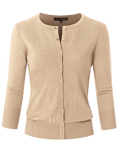 Image of Women's 3 /4 Sleeve Crew Neck Button Down Stretch Knit Cardigan Sweater (S-3XL)