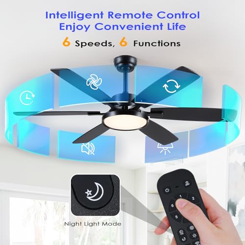 Hounberi 52 Inch Ceiling Fans with Lights and Remote, Modern Black Ceiling Fan with Light, Quiet DC Reversible Motor, 3CCT Dimmable, Modern Indoor Outdoor Ceiling Fan for Bedroom, Living Room by Hounberi - Used condition - Image 5