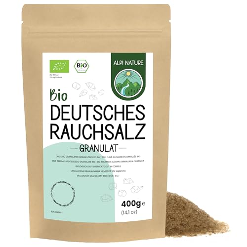 Sal Ahumada Alemana Granulada Orgánica 1-3 mm de Alpi Nature, Sal Marina Granulada de Madera de Haya Ahumada en frío (400G)