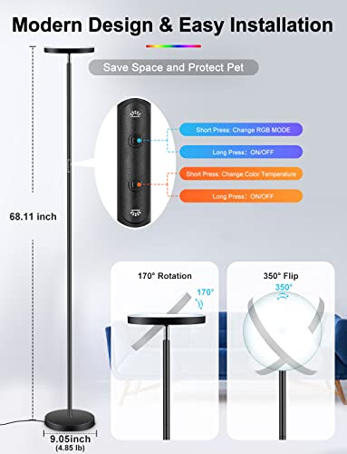 Smart Rgb Floor Lamp Works With Alexa Google Home Wifi App Remote, Multi-Color Changing & Dimmable Modern Tall Standing Light, Angle Adjustable Led Floor Lamp For Living Room, Bedroom, Party (Black) #TOP6