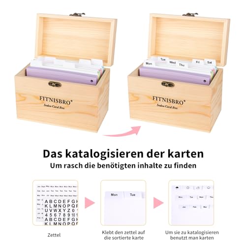 Karteikarten Box A6, 17.5 x 10 x 13cm Pinienholz KarteikartenBox, 300 linierte Notizblätter im Lieferumfang enthalten, 12 Register 6 Ringen 2 Aufkleber,für Vokabeln, Lernnotizen, Rezepte ﻿ ﻿