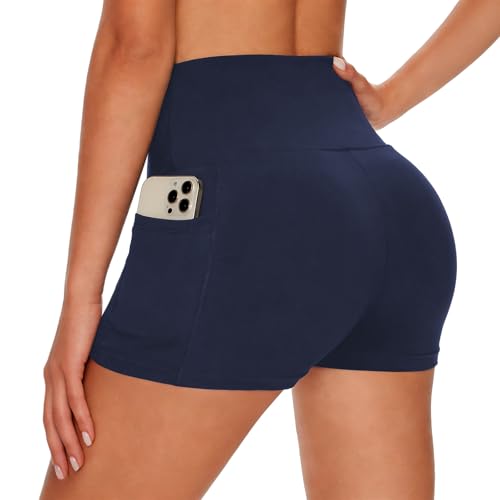 LXEASYGO Womens High Waisted Hot Pants Anti Chafing Mini Shorts Stretchy Gym Shorts with Pockets for Cycling Sport Running Yoga Workout (UK, Alpha, S, M, Regular, Regular, Blue)