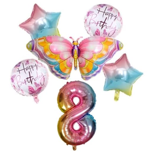 DIWULI Juego de Globos de Mariposa Grande, Globo XL Número 8 Número Rosa, Globo XL de Lámina de Mariposa Feliz Cumpleaños 8 Niño Niña, Decoración de Fiesta Temática Animales del Bosque