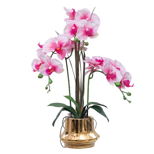 CXGS Orquídea artificial de 20.9 pulgadas, orquídeas artificiales realistas de látex en jarrón de cerámica, rosa claro, arreglos florales falsos de Phalaenopsis con tallos manchados para centro de