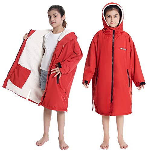 Image of Hiturbo Warm Kids Swim Parka: Waterproof Changing Robe - Oversize Swimming Coat - Hooded Surf Poncho - Thick Lining (7-14Y)