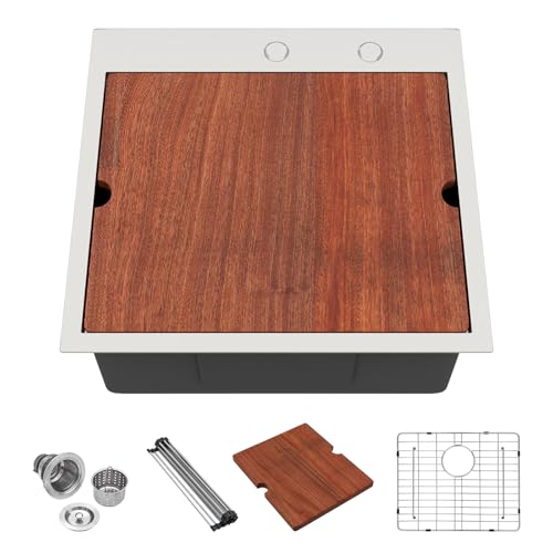 Lordear 21x20x10 Inch Drop in Bar Kitchen T304 16 Gauge Stainless Steel Single Bowl Workstation Topmount Over Counter for Wet Bar Prep Small Kitchen with Cutting Board