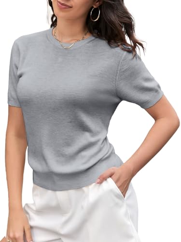 Image of SANGTREE Short Sleeve Sweater for Women Crewneck Summer Knit Tops | Summer Knit Pullover Tops.Perfect for Daily,Work,Home,Holiday,Travel,Shopping Etc.