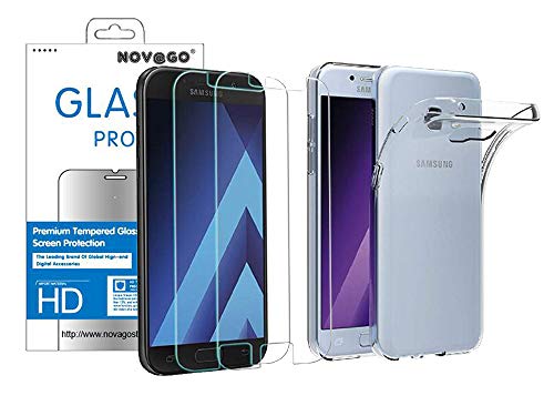NOVAGO Compatible avec Samsung Galaxy A5 2017- Pack 2en1 Coque Souple et Solide + 2 Films écran Verre trempé (Films Plus Petits Que l'écran) (Trasnparente)