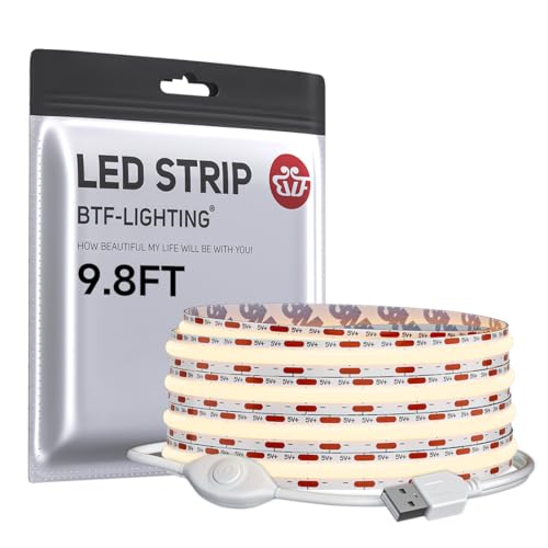 Image of BTF-LIGHTING FCOB COB LED Strip Lights 5V USB Powered Warm White 3000K