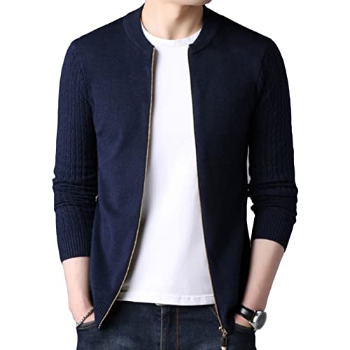 Men's Full Zip Cardigan Sweater Slim Fit Cable Knitted Zip Up Sweater Casual Solid Color Cardigans With Pockets