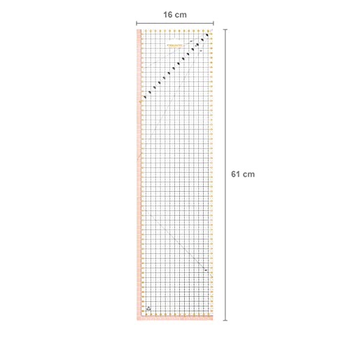 Fiskars patchwork ruler, 15 x 60 cm, Highlighted 1 cm seam allowance, Interrupted half-centimetre grid lines, Angled lines - Image 2