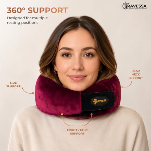Image of TRAVESSA Memory Foam Neck Pillow | Travel Neck Pillow for Pain Relief | Ergonomic Airplane Neck Pillows | Adjustable & Washable Travel Pillow for Flight and Car with Free Travel Pouch | Soft Wine