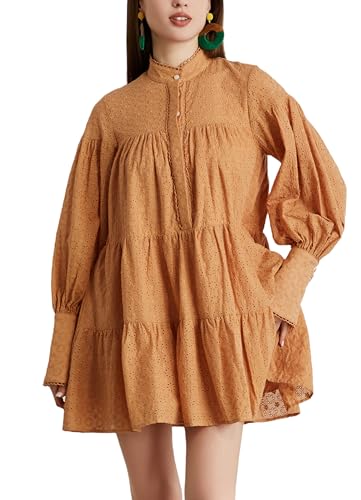 Image of Summer Cotton V Neck Long Losse Sleeve Casual Party A-Line Dresses Embroidery Short Dress