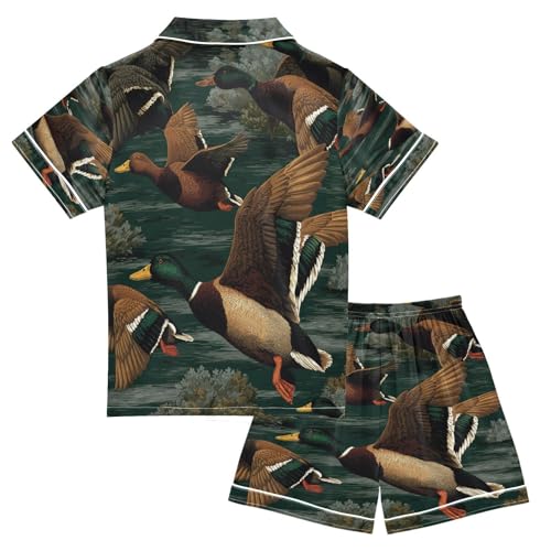 Satin Pajama Sets Short Sleeve Flying Ducks Button Down Silky Nightwear 2 Piece PJS 5-14Y2
