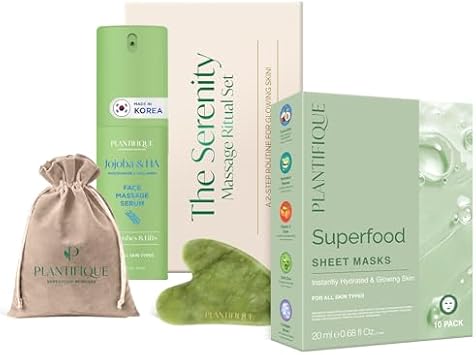 PLANTIFIQUE Massage Ritual Set Premium Certified Jade Gua Sha + Jojoba Oil & HA Serum Skin Care Set and Superfood Facial Sheet Mask Variety Box 10 Pack