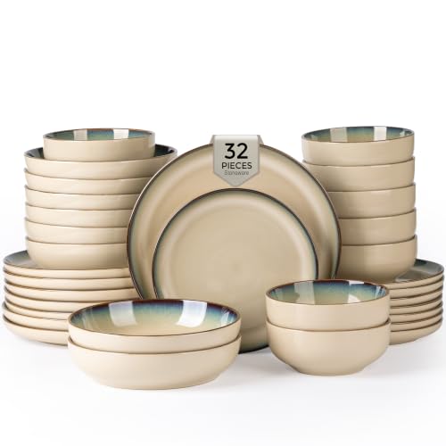 Image of GBHOME 32 Pieces Stoneware Double Bowls Dinnerware Sets for 8, Ceramic Plates and Bowls Set with Reactive Glaze, Scratch Resistant Dishes Set, Dishwasher & Microwave Safe