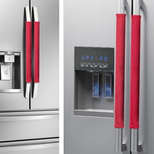 Image of Nuovoware Refrigerator Door Handle Covers Set of 4, Make Kitchen Appliance Fridge Oven Microwave Dishwasher Clean,Protect Antiskid Washable Decor Cloth,Keep Off Smudges Fingerprint Oil Stain, Red